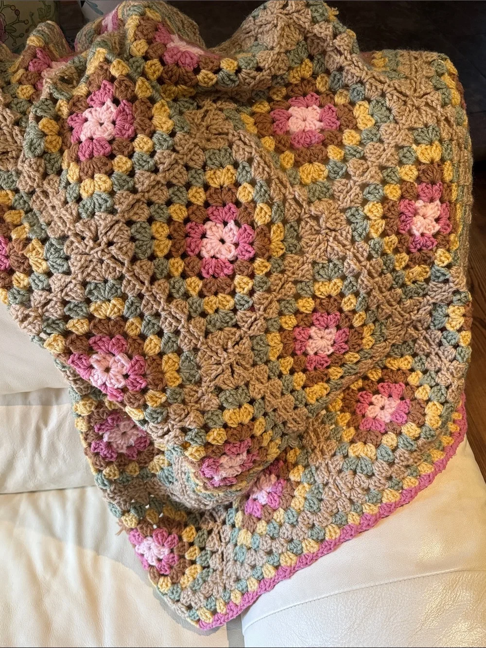 Handmade Blanket-Crocheted Granny Square-Pink/Brown/Green/Yellow-Gently Used